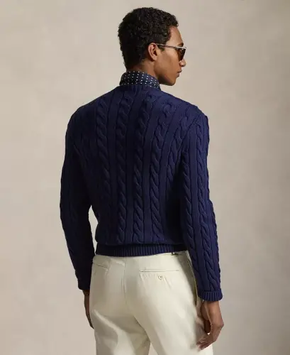 Men's Cable-Knit Cotton Sweater - Bright Navy - 4