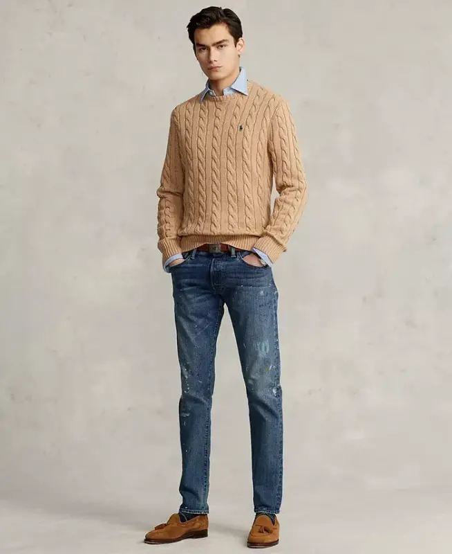 Men's Cable-Knit Cotton Sweater - Camel Melange - 2