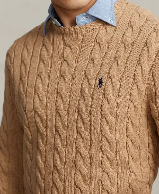 Men's Cable-Knit Cotton Sweater - Camel Melange - 3