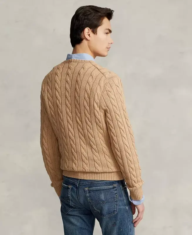 Men's Cable-Knit Cotton Sweater - Camel Melange - 4
