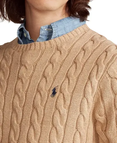 Men's Cable-Knit Cotton Sweater - Camel Melange - 6