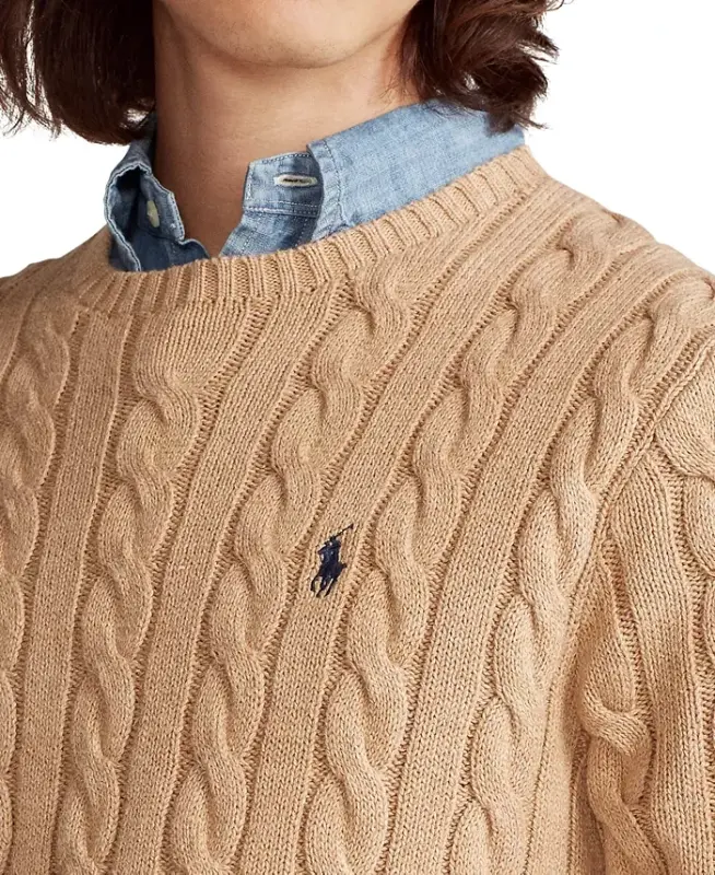 Men's Cable-Knit Cotton Sweater - Camel Melange - 6