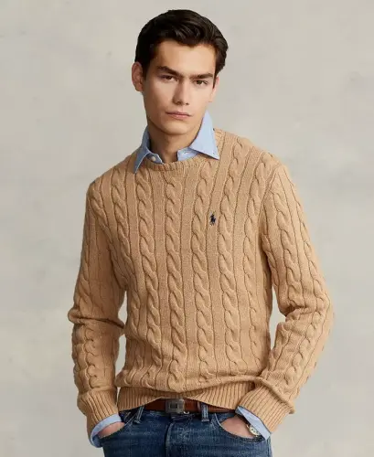 Men's Cable-Knit Cotton Sweater - Camel Melange 