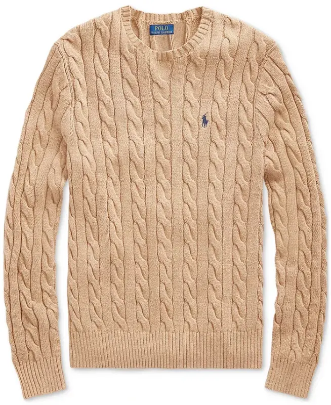 Men's Cable-Knit Cotton Sweater - Camel Melange - 5