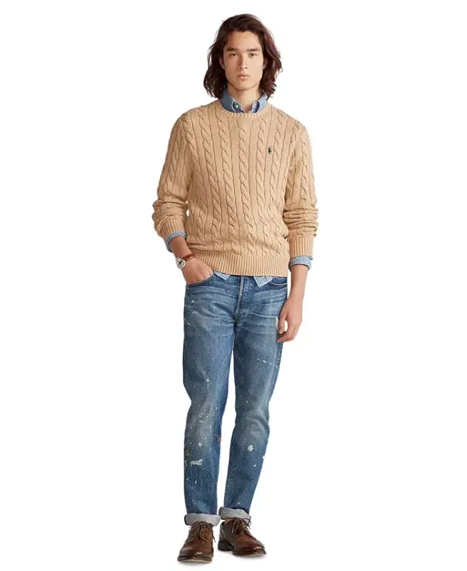 Men's Cable-Knit Cotton Sweater - Camel Melange - 7