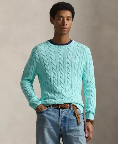 Men's Cable-Knit Cotton Sweater - New Aqua 