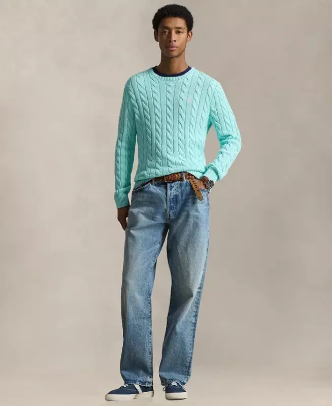Men's Cable-Knit Cotton Sweater - New Aqua - 2