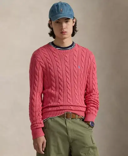Men's Cable-Knit Cotton Sweater - Pale Red - 1