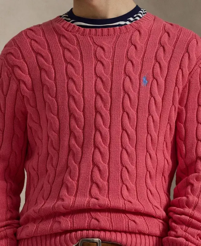 Men's Cable-Knit Cotton Sweater - Pale Red - 3