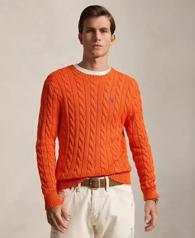 Men's Cable-Knit Cotton Sweater - Sailing Orange - 1