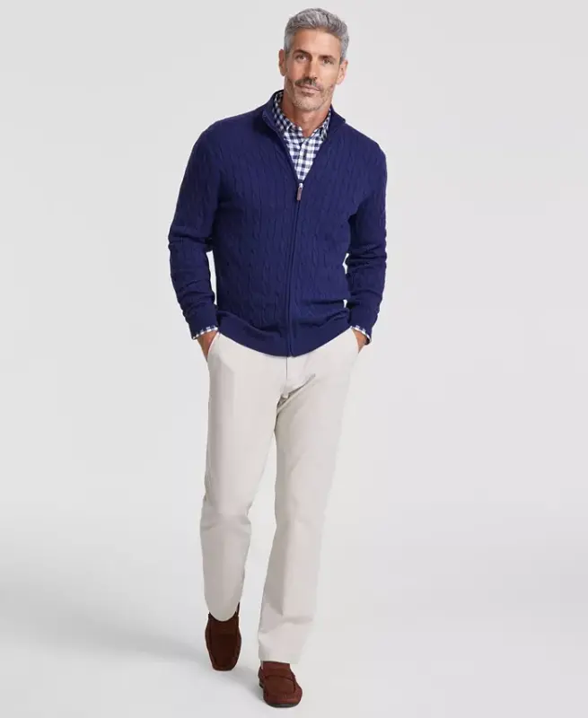 Men's Cable-Knit Full-Zip Sweater, Created for Modazone - Navy Blue - 2