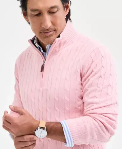 Men's Cable Knit Quarter-Zip Sweater, Modazone Exclusive - Ash Pink - 3