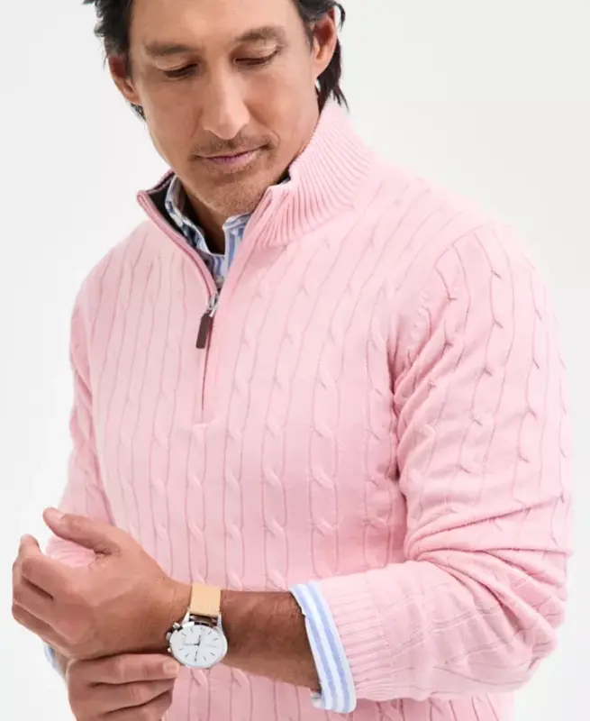 Men's Cable Knit Quarter-Zip Sweater, Modazone Exclusive - Ash Pink - 3