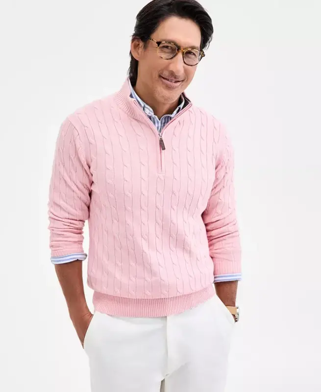 Men's Cable Knit Quarter-Zip Sweater, Modazone Exclusive - Ash Pink - CLUB ROOM