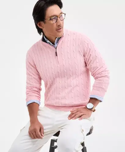 Men's Cable Knit Quarter-Zip Sweater, Modazone Exclusive - Ash Pink - CLUB ROOM (1)