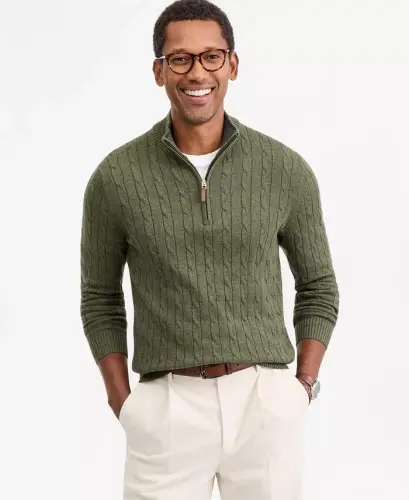 Men's Cable Knit Quarter-Zip Sweater, Modazone Exclusive - Bks Olive Hthr - 1