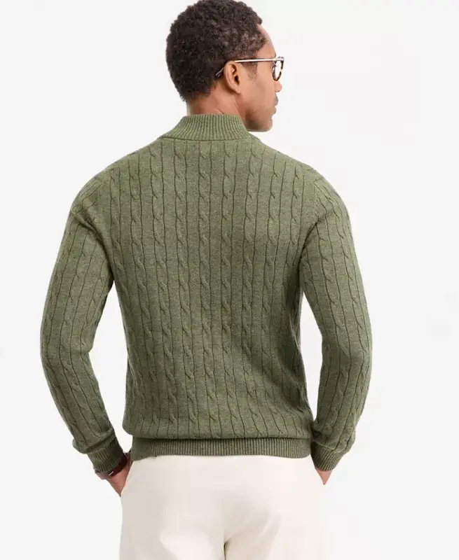 Men's Cable Knit Quarter-Zip Sweater, Modazone Exclusive - Bks Olive Hthr - 3