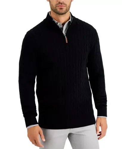 Men's Cable Knit Quarter-Zip Sweater, Modazone Exclusive - Deep Black - 1