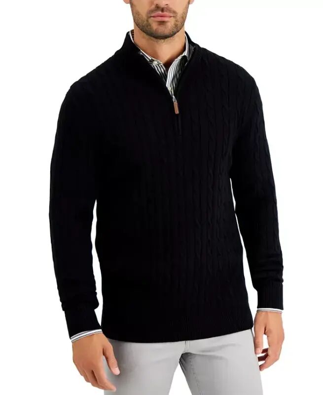 Men's Cable Knit Quarter-Zip Sweater, Modazone Exclusive - Deep Black - CLUB ROOM