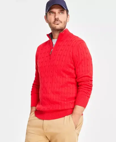 Men's Cable Knit Quarter-Zip Sweater, Modazone Exclusive - Fire - 1