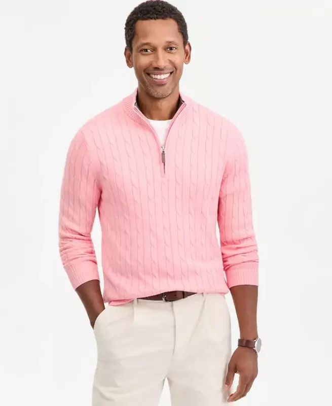 Men's Cable Knit Quarter-Zip Sweater, Modazone Exclusive - Fire - 1