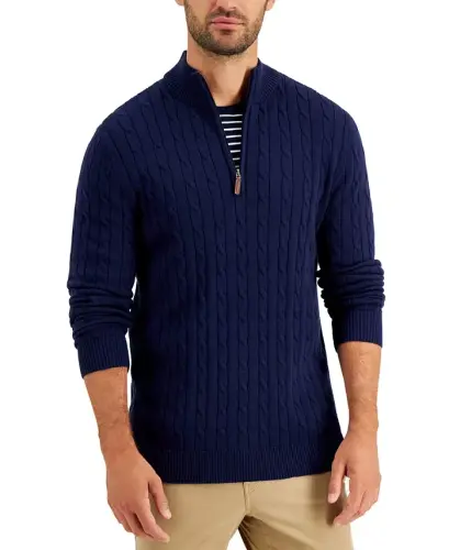 Men's Cable Knit Quarter-Zip Sweater, Modazone Exclusive - Navy Blue - 1