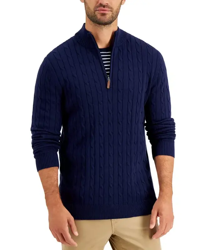 Men's Cable Knit Quarter-Zip Sweater, Modazone Exclusive - Navy Blue - 1