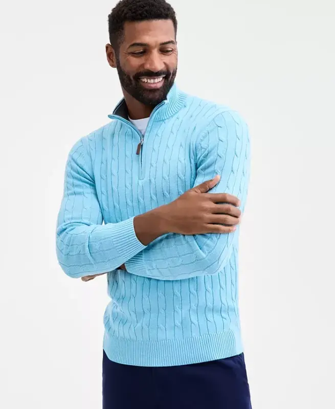 Men's Cable Knit Quarter-Zip Sweater, Modazone Exclusive - Sea Haze - 1