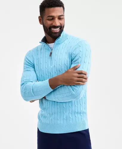 Men's Cable Knit Quarter-Zip Sweater, Modazone Exclusive - Sea Haze - 1