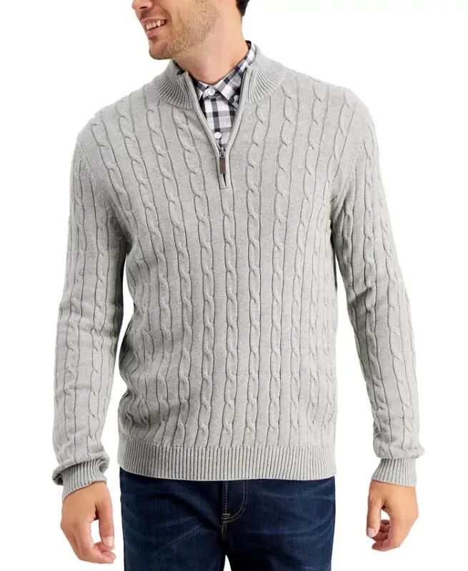 Men's Cable Knit Quarter-Zip Sweater, Modazone Exclusive - Soft Grey Heather - Club Room
