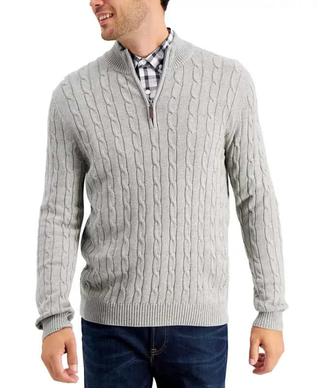 Men's Cable Knit Quarter-Zip Sweater, Modazone Exclusive - Soft Grey Heather - 1
