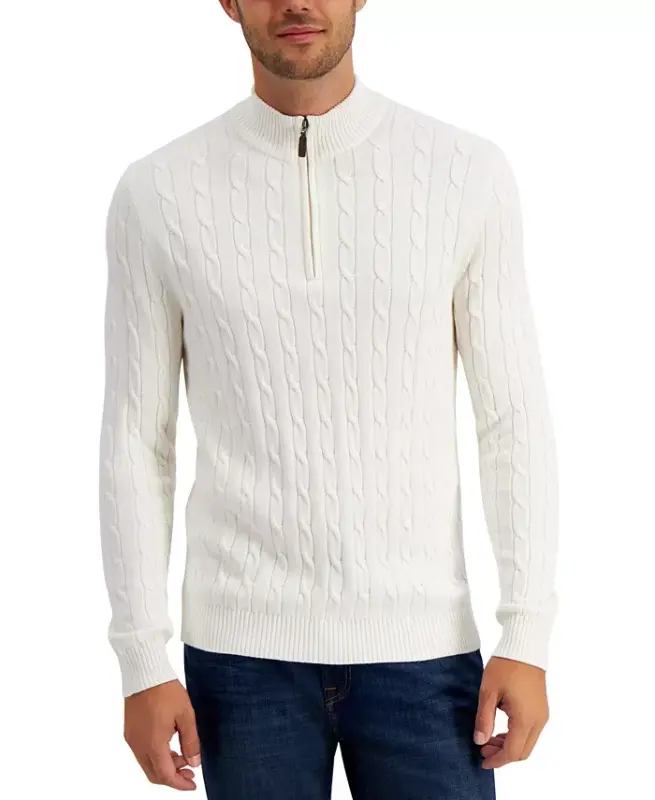 Men's Cable Knit Quarter-Zip Sweater, Modazone Exclusive - Winter Ivory - CLUB ROOM