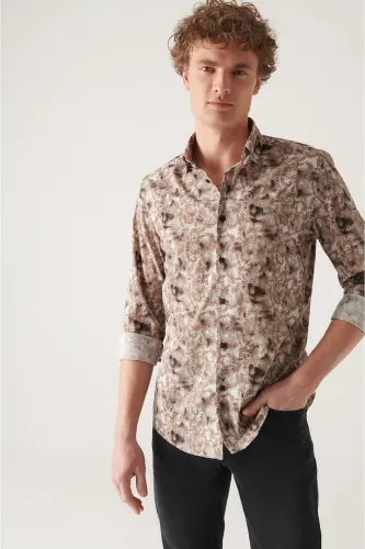 Men's Camel Abstract Pattern 100% Cotton Slim Fit Skinny Shirt A22y2013 - 3