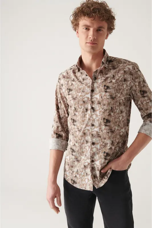 Men's Camel Abstract Pattern 100% Cotton Slim Fit Skinny Shirt A22y2013 - 3