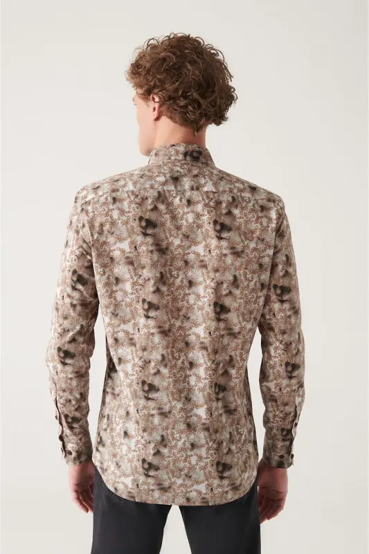 Men's Camel Abstract Pattern 100% Cotton Slim Fit Skinny Shirt A22y2013 - 4