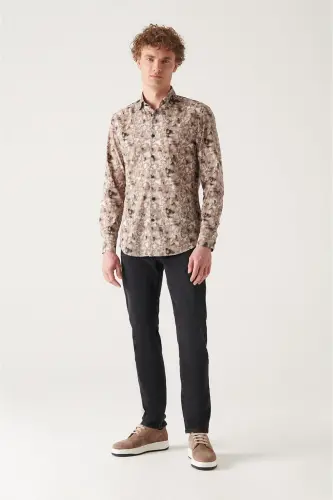 Men's Camel Abstract Pattern 100% Cotton Slim Fit Skinny Shirt A22y2013 - 5