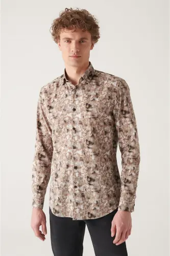 Men's Camel Abstract Pattern 100% Cotton Slim Fit Skinny Shirt A22y2013 - 1