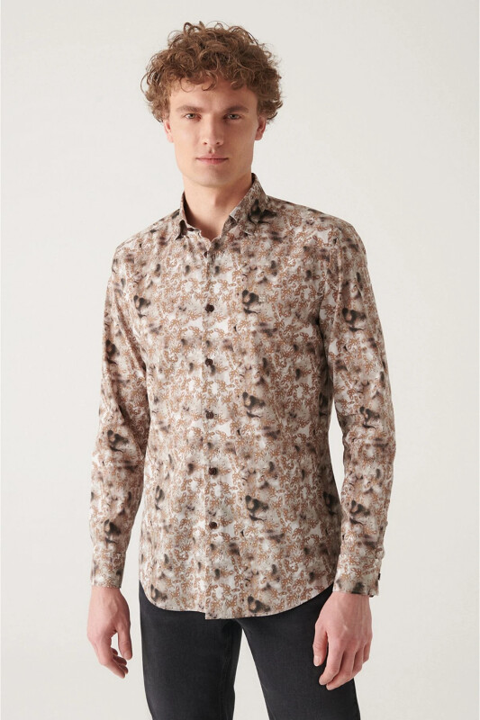 Men's Camel Abstract Pattern 100% Cotton Slim Fit Skinny Shirt A22y2013 - 1