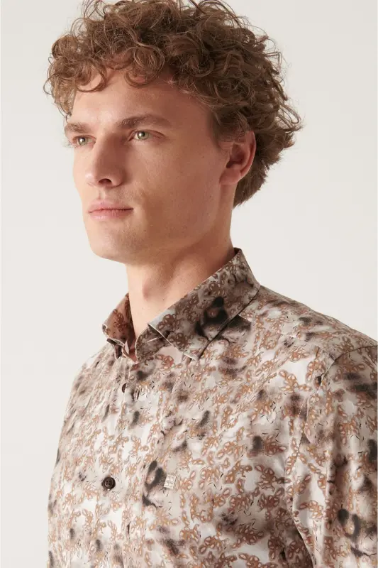 Men's Camel Abstract Pattern 100% Cotton Slim Fit Skinny Shirt A22y2013 - 2