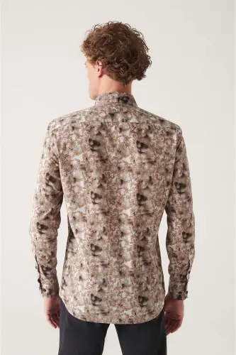 Men's Camel Abstract Pattern 100% Cotton Slim Fit Skinny Shirt A22y2013 - 4