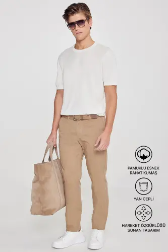 Men's Camel Canvas Slim Fit Narrow Cut Side Pocket Flexible Chino Pants-Camel 