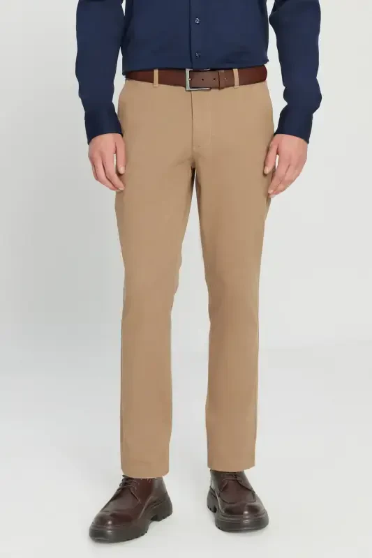 Men's Camel Canvas Slim Fit Narrow Cut Side Pocket Flexible Chino Pants-Camel - AC&CO / ALTINYILDIZ CLASSICS