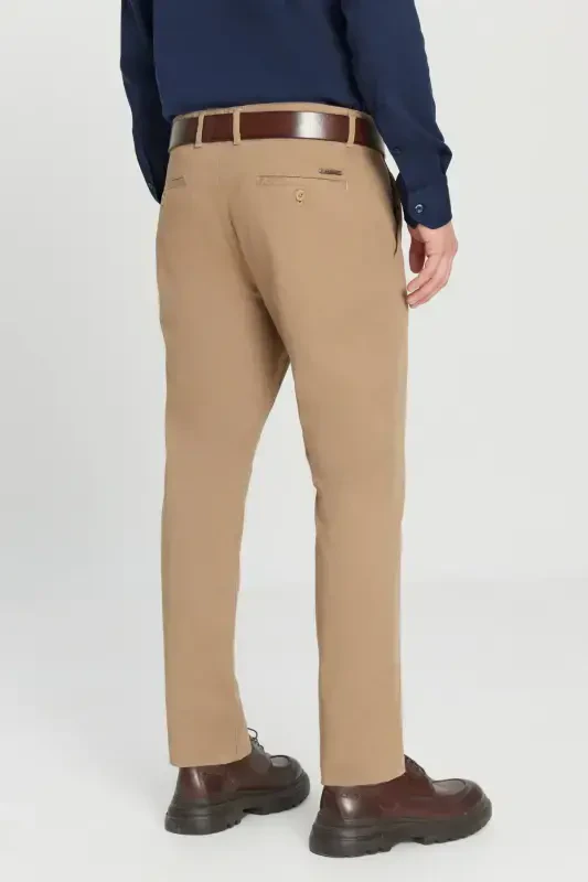 Men's Camel Canvas Slim Fit Narrow Cut Side Pocket Flexible Chino Pants-Camel - 8