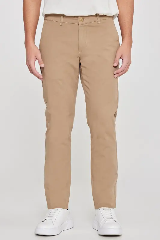 Men's Camel Canvas Slim Fit Narrow Cut Side Pocket Flexible Chino Pants-Camel - 3