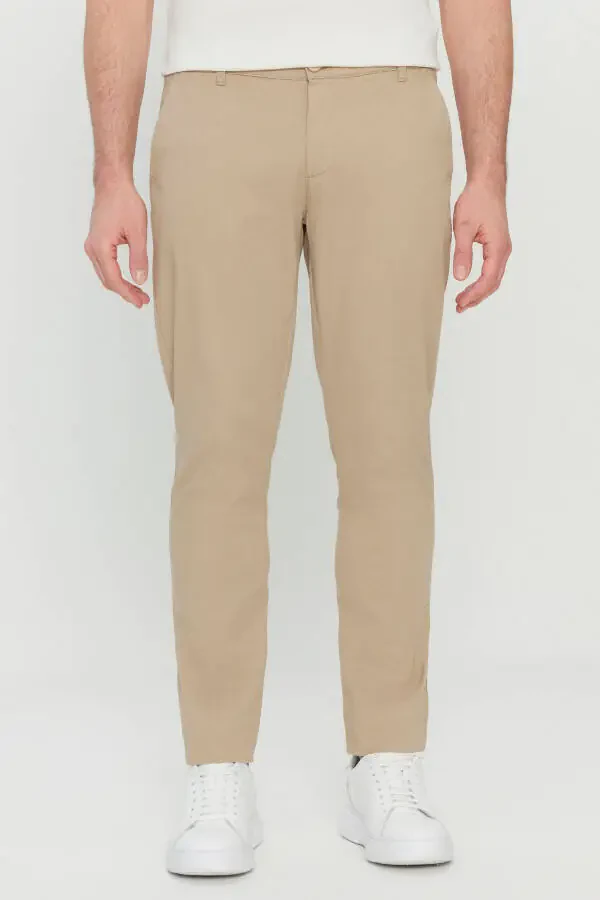 Men's Camel Cotton Slim Fit Tapered Side Pocket Stretch Casual Pants - 1