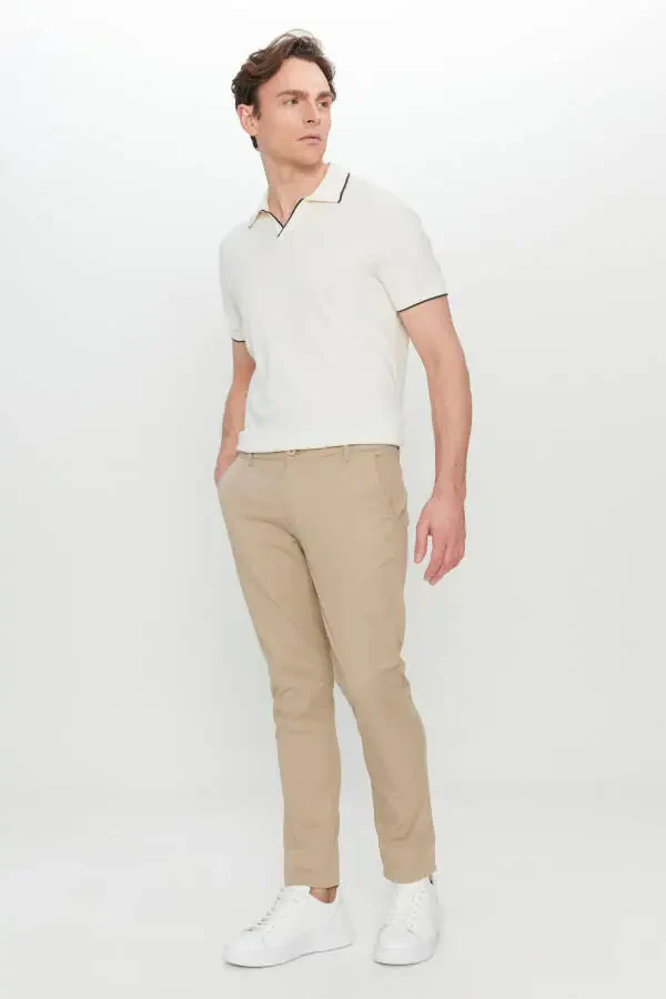 Men's Camel Cotton Slim Fit Tapered Side Pocket Stretch Casual Pants - 2