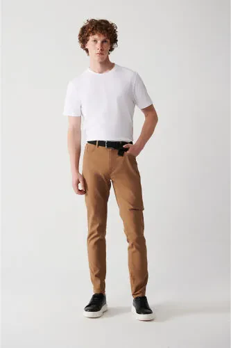 Men's Camel Reinforced Stretchy 5 Pocket Slim Fit Narrow Cut Canvas Trousers E003007 - AVVA