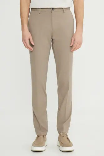 Men's Camel Slim Fit Narrow Cut Cotton Stretch Textured Side Pocket Trousers 