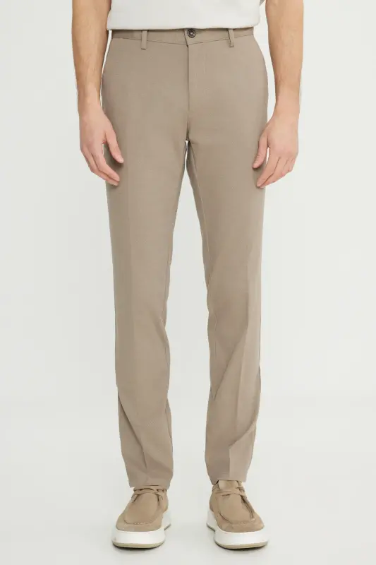 Men's Camel Slim Fit Narrow Cut Cotton Stretch Textured Side Pocket Trousers - 1