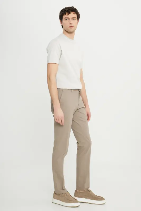 Men's Camel Slim Fit Narrow Cut Cotton Stretch Textured Side Pocket Trousers - 3